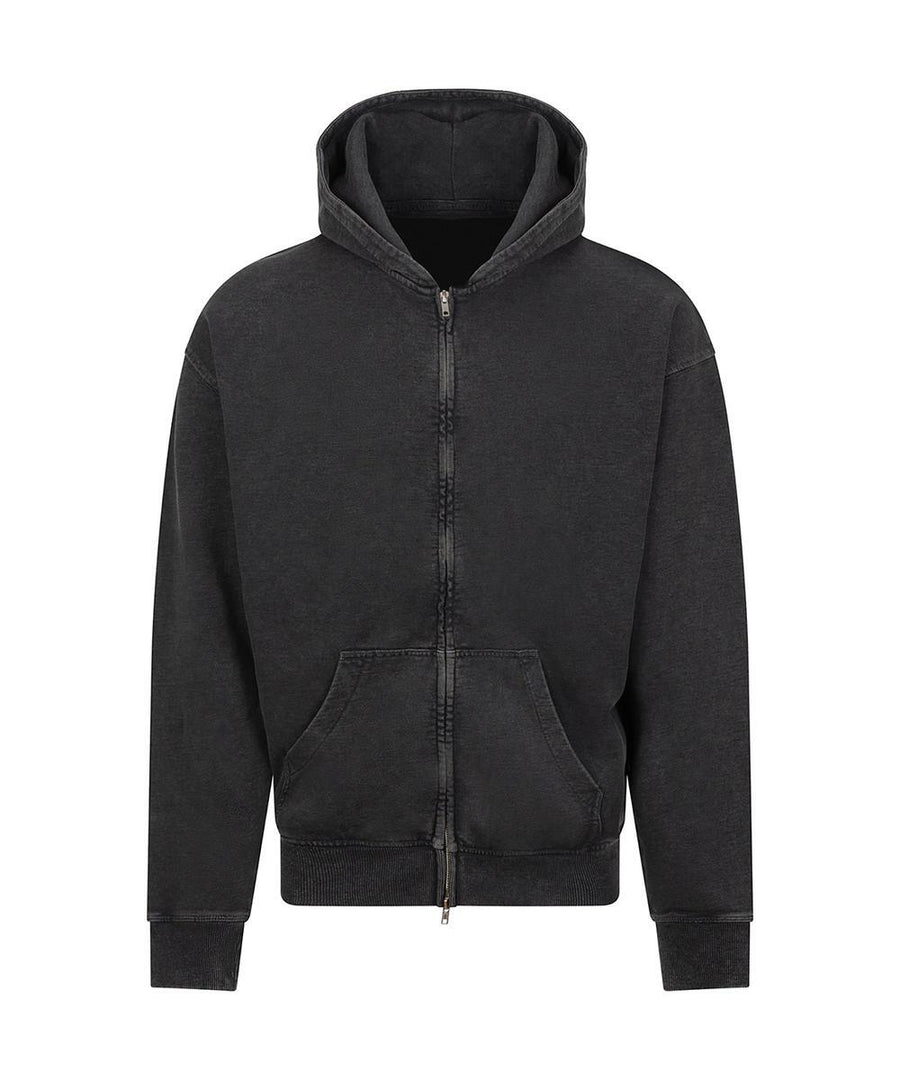 The Hoodies is a plain black zip-up with a front zip, two front pockets, long sleeves, and a hood, shown laid flat on a white background.