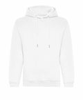The AWDis Just Hoods JH201 is a plain white hoodie featuring a front pocket and drawstrings on the hood, displayed against a white background.