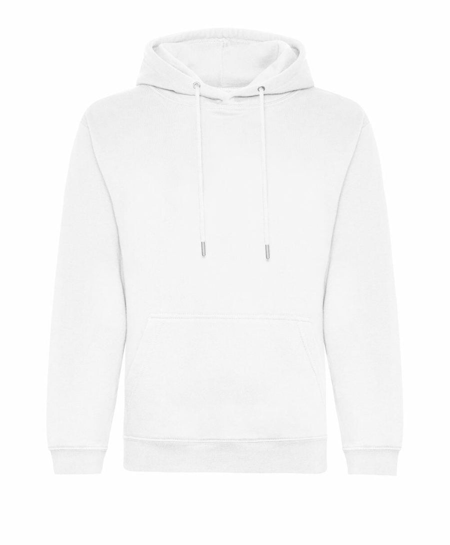 The AWDis Just Hoods JH201 is a plain white hoodie featuring a front pocket and drawstrings on the hood, displayed against a white background.