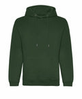 The JH201 hoodie by AWDis Just Hoods, featuring a plain dark green design with drawstrings and a front pocket, is displayed from the front.