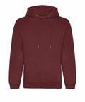 An AWDis Just Hoods JH201 maroon hoodie featuring a front pocket and drawstrings.