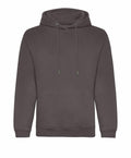 The JH201 by AWDis Just Hoods is a plain, dark gray hoodie featuring a front pocket and drawstring hood.