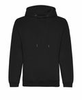 The JH201 from AWDis Just Hoods is a plain black hoodie featuring a drawstring hood and front pocket, showcased against a white background. It has long sleeves and offers a simple, casual design.
