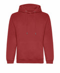 The JH201 hoodie by AWDis Just Hoods is a plain red garment featuring a front pocket and a drawstring hood, showcased against a white background.