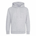 A plain light gray hoodie, model JH201 by AWDis Just Hoods, features a front pocket and drawstrings. The fabric looks soft and comfortable, making it ideal for casual wear. It is displayed against a white background.