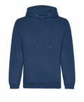 The JH201 hoodie by AWDis Just Hoods, featuring a plain navy blue design, long sleeves, a front pocket, and a drawstring hood, is displayed against a white background.