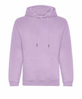 The AWDis Just Hoods JH201 is a plain light purple hoodie, featuring a front pocket and drawstrings on the hood.