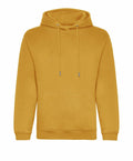 The AWDis Just Hoods JH201 hoodie in plain golden yellow, featuring a front pocket and drawstrings, is showcased against a white background.