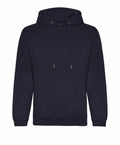 The JH201 hoodie by AWDis Just Hoods is a plain black design featuring a front pocket and drawstrings on the hood, set against a white background.