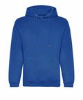 A JH201 plain blue hoodie from AWDis Just Hoods, featuring a front pocket and drawstrings, displayed against a white background.