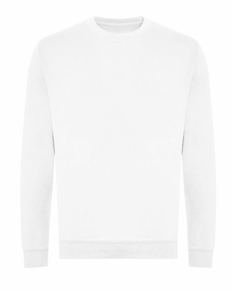 The JH230 by AWDis Just Hoods is a plain white crewneck sweatshirt featuring long sleeves.
