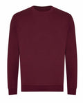 The AWDis Just Hoods JH230 is a plain maroon sweatshirt featuring long sleeves and a round neckline, displayed against a white background.