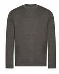 The JH230 from AWDis Just Hoods is a plain, long-sleeved crew neck sweater in a dark gray color. It is displayed against a white background, highlighting its simple design and texture.