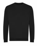 The JH230 sweatshirt from AWDis Just Hoods is displayed against a white background. It features a plain black crewneck design with long sleeves and has a simple, unadorned look with ribbed cuffs and hem.