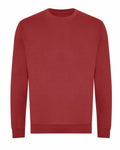 A plain red JH230 crewneck sweater by AWDis Just Hoods, featuring long sleeves and displayed against a white background. The design is simple, with no visible patterns or logos.