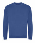 AWDis Just Hoods JH230 blue crewneck sweatshirt, featuring long sleeves, displayed on a plain white background.