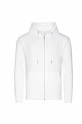 AWDis Just Hoods JH250 white zip-up hoodie featuring drawstrings and front pockets set against a plain background.