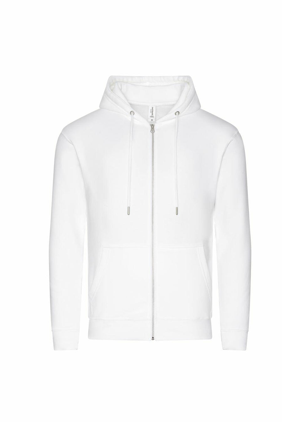 AWDis Just Hoods JH250 white zip-up hoodie featuring drawstrings and front pockets set against a plain background.
