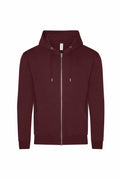 The AWDis Just Hoods JH250 is a maroon zip-up hoodie featuring a drawstring hood and front pockets, showcased against a white background.