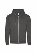 AWDis Just Hoods JH250 zip-up hoodie in gray, featuring drawstrings and front pockets, laid flat.