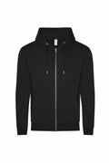The JH250 by AWDis Just Hoods is a plain black zip-up hoodie featuring a drawstring hood and two front pockets, displayed against a white background.