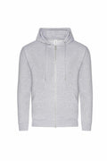 Introducing the JH250 from AWDis Just Hoods, a light gray zip-up hoodie featuring front pockets and a drawstring hood, set against a white background.