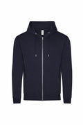 Introducing the JH250 by AWDis Just Hoods: a sleek black hoodie featuring a zip-up design with a hood and drawstrings. It boasts long sleeves, a convenient front zipper, and two pockets, all showcased against a pristine white background.