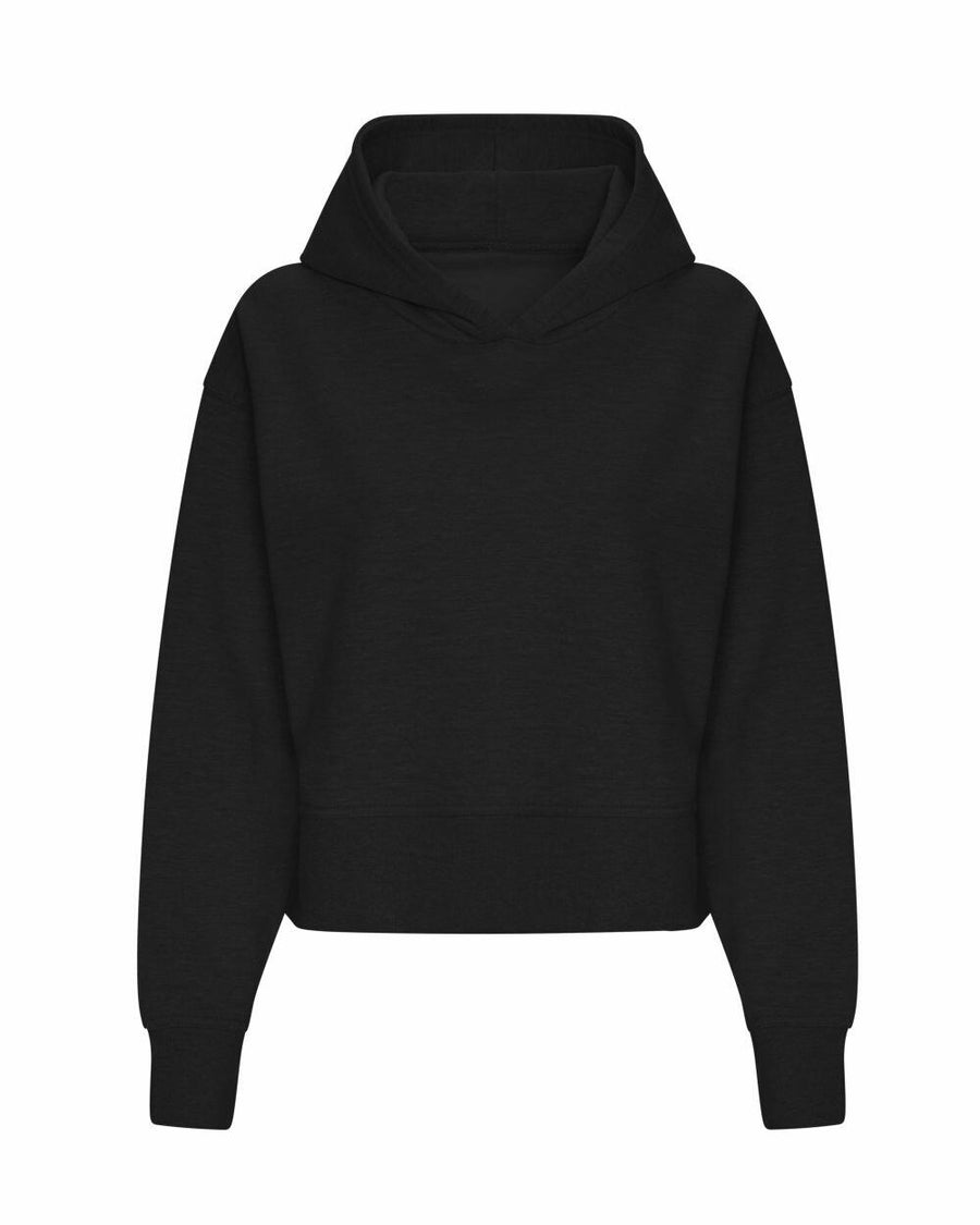 A JH305 hoodie by AWDis Just Hoods, featuring a plain black design with long sleeves and a front pocket, displayed against a white background.