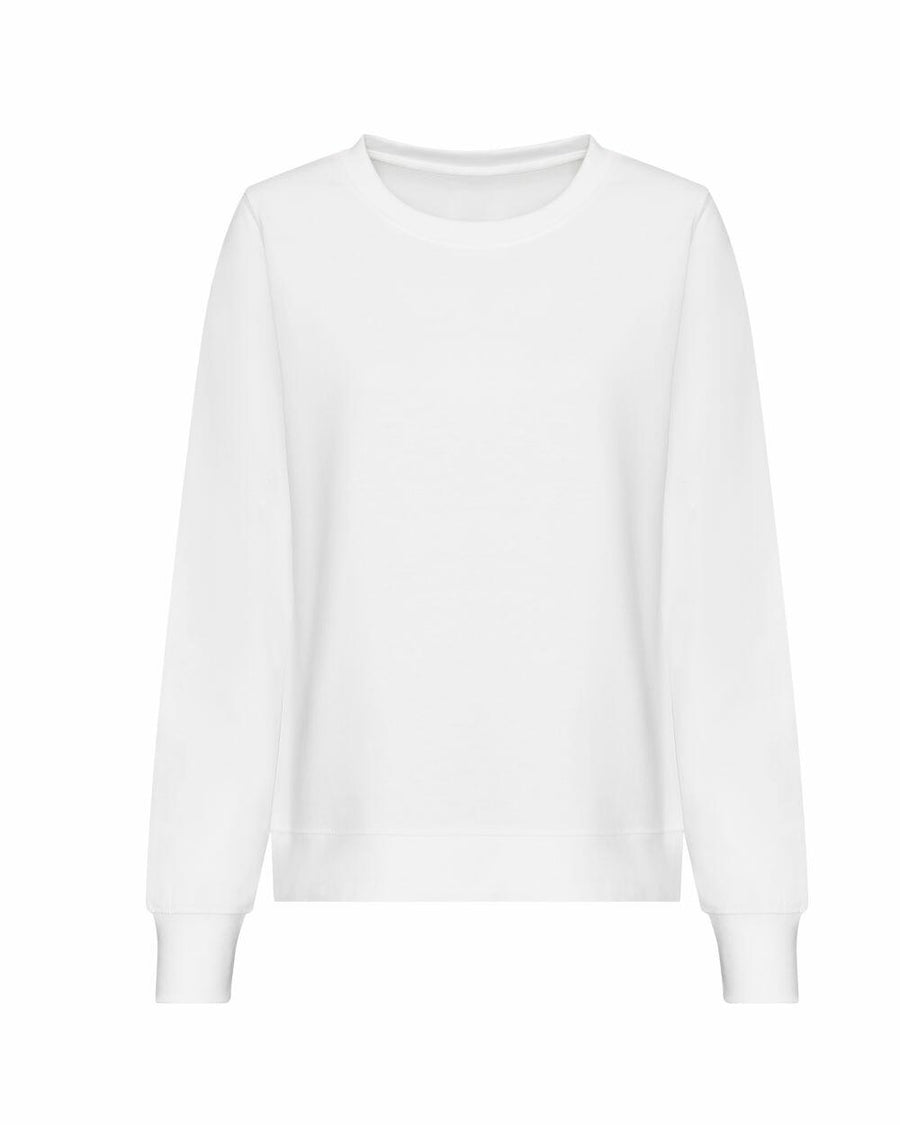 AWDis Just Hoods JH30F white long-sleeve crewneck sweatshirt on a plain background.