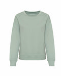 JH30F light green sweatshirt by AWDis Just Hoods, designed with long sleeves and featuring a ribbed neckline, cuffs, and hem, showcased on a plain white background.