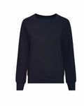 A plain black long-sleeve sweatshirt from AWDis Just Hoods, product JH30F, is displayed against a white background. This crew neck sweatshirt features ribbed cuffs and hem, showcasing a simple and classic design.