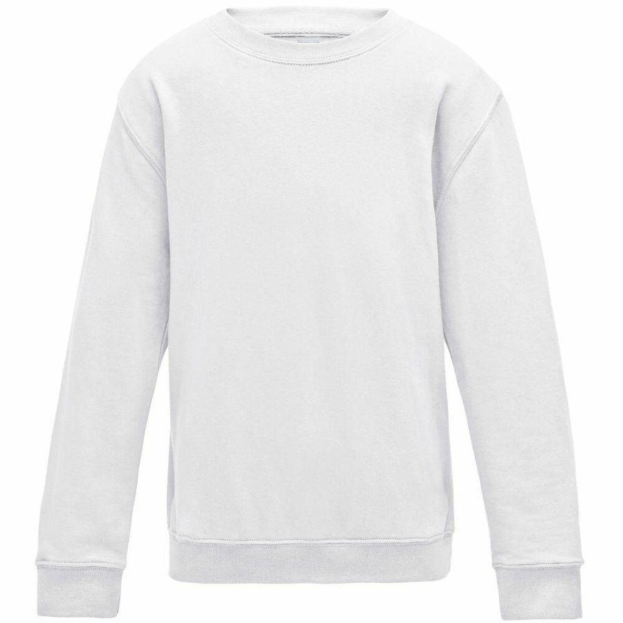 A laid-flat, long-sleeve crewneck sweatshirt in plain white from AWDis Just Hoods, product name JH30J.