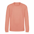 A plain coral-colored crewneck sweatshirt known as the JH30J from AWDis Just Hoods with long sleeves is displayed against a white background.