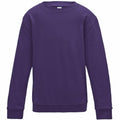 The AWDis Just Hoods JH30J is a plain purple sweatshirt featuring long sleeves and a crew neckline, displayed against a white background.