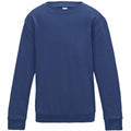 A plain, long-sleeve, navy blue sweatshirt from AWDis Just Hoods, known as the JH30J model, is displayed against a white background. The texture and seams of the fabric are visible, highlighting its simple, casual design with a crew neckline.