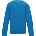 Displayed on a white background, the JH30J by AWDis Just Hoods is a plain blue crewneck sweatshirt with long sleeves, featuring a simple design without any visible logos or patterns.