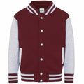 AWDis Just Hoods' JH43J is a varsity jacket featuring maroon and gray coloring, button closures, and striped cuffs.
