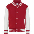 The JH43J by AWDis Just Hoods is a varsity jacket in red and white, featuring striped cuffs, collar, and hem with white buttons and pockets.