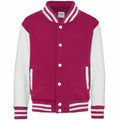 The JH43J varsity jacket by AWDis Just Hoods features a red body with white sleeves, striped cuffs, front buttons, and two pockets.