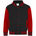 The JH43J jacket from AWDis Just Hoods is designed with a classic sporty look, featuring black and red elements. It has a striped collar, cuffs, and waistband, along with striking red buttons, sleeves, and pocket details.