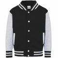 Introducing the AWDis Just Hoods JH43J, a stylish varsity jacket designed with black body and gray sleeves. It boasts white buttons down the front, complemented by matching black and white striped ribbing on the collar, cuffs, and hem. Additionally, it features pockets trimmed in white for added detail.
