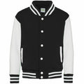 The JH43J varsity jacket from AWDis Just Hoods boasts a classic design with its black body and contrasting white sleeves. It includes a button-up front, striped cuffs, collar, and hem, along with two front pockets accented by white trim.