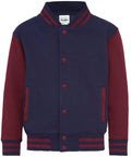 Introducing the JH43J by AWDis Just Hoods: This jacket is designed in navy blue with maroon sleeves and accents. It showcases a ribbed collar, cuffs, and hem adorned with maroon and blue stripes, all secured with maroon buttons.