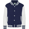 The JH43J varsity jacket by AWDis Just Hoods showcases a stylish navy body and contrasting white long sleeves. The design is completed with a white collar, button line, and buttons, along with striped cuffs and waistband for added flair.