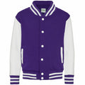 The AWDis Just Hoods JH43J varsity jacket in purple features white sleeves, a button closure, and striped accents on the collar, cuffs, and hem.