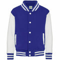 AWDis Just Hoods' JH43J is a varsity jacket showcasing a blue body with white pockets, complemented by white sleeves. The design features a button-up front along with a striped collar, cuffs, and hem.