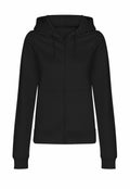 The AWDis Just Hoods JH50F is a black zip-up hoodie featuring a hood and front pockets, displayed against a white background.