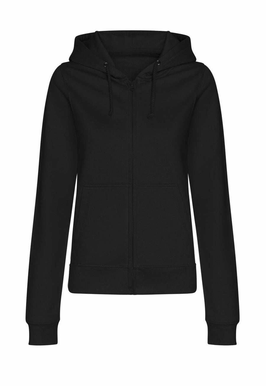 The AWDis Just Hoods JH50F is a black zip-up hoodie featuring a hood and front pockets, displayed against a white background.