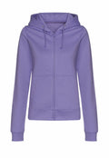 AWDis Just Hoods JH50F zip-up hoodie in purple, featuring front pockets and a drawstring hood.