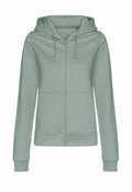 A JH50F light green zip-up hoodie by AWDis Just Hoods, featuring a drawstring hood and front pockets.